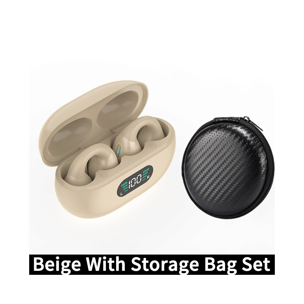(A- With Bag) Bone Conduction Concept Tws Wireless Headphones Bluetooth 5.3 Earphones Earclip Touch Control Earbuds Sports Hifi Bass Headsets Beige 4851204953700