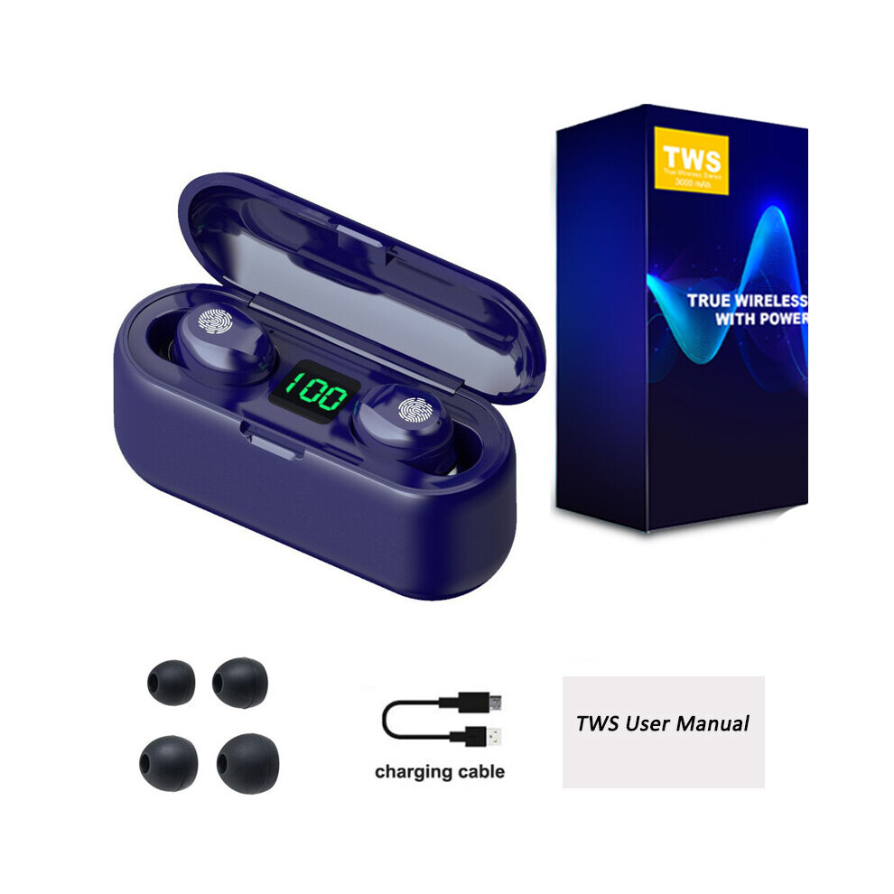 (A-Royal With Box) F9 Tws Wireless Earphone Tooth Stereo Headphone 5.0 Sport Waterproof Noise Reduction Wireless Earbuds With Mic 3000Mah Blue 4851204938387