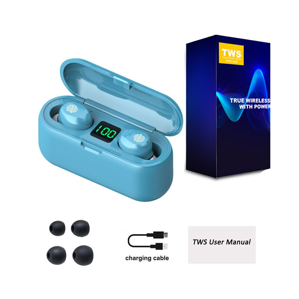 (A- With Box) F9 Tws Wireless Earphone Tooth Stereo Headphone 5.0 Sport Waterproof Noise Reduction Wireless Earbuds With Mic 3000Mah Blue 4851204938349