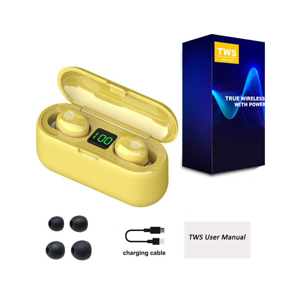 (A- With Box) F9 Tws Wireless Earphone Bluetooth Stereo Headphone 5.0 Sport Waterproof Noise Reduction Wireless Earbuds With Mic 3000Mah Yellow 4851204938424
