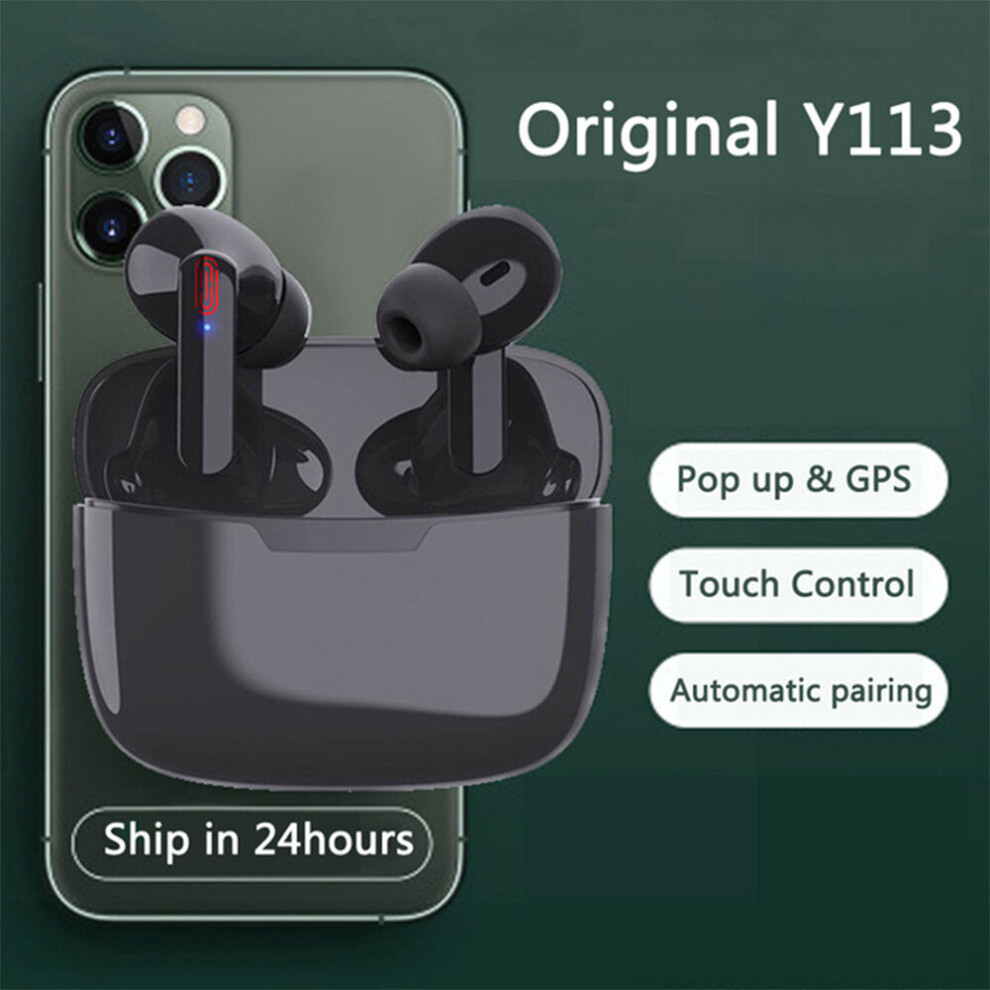 (a-Black Y113) 2022 TWS Wireless Earphone Y113 6D Sound Noise Cancelling HIFI Earphone bluetooth 5.0 Mini Earbuds Headphones Pro Touch Control