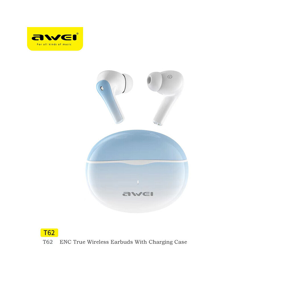 (A-) Awei T62 4 Mic Enc Earphones Tooth 5.3 Earbuds Tws Wireless Earbuds Headphones Hifi Music Sports Waterproof Enc Headset Blue 4851204977904
