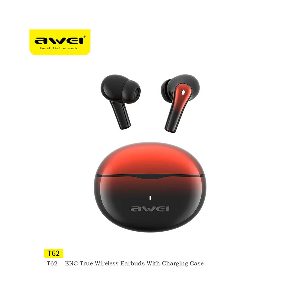 (A-) Awei T62 4 Mic Enc Earphones Bluetooth 5.3 Earbuds Tws Wireless Earbuds Headphones Hifi Music Sports Waterproof Enc Headset Red 4851204977935