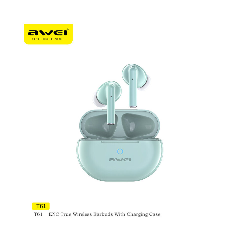 (A-) Awei T61 Wireless Bluetooth 5.3 Earphones Sport Noise Reduction Enc Headphones With 4 Mic Tws Earbuds 300Mah Long Standby Green 4851204937922