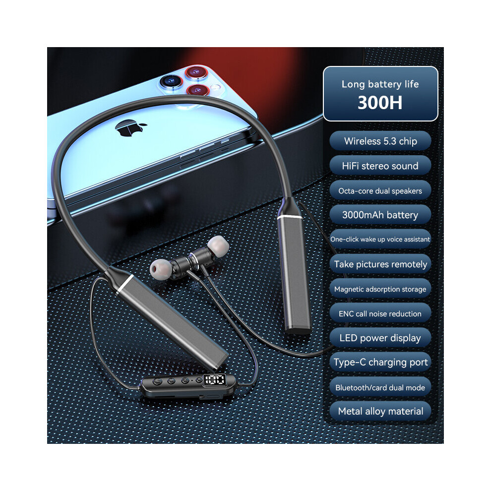 (A-) 300H Playback Wireless Headphones Bluetooth 5.3 Neckband Earphones Magnetic Sports Waterproof Earbuds Blutooth Headset With Mic Black 4851204973913
