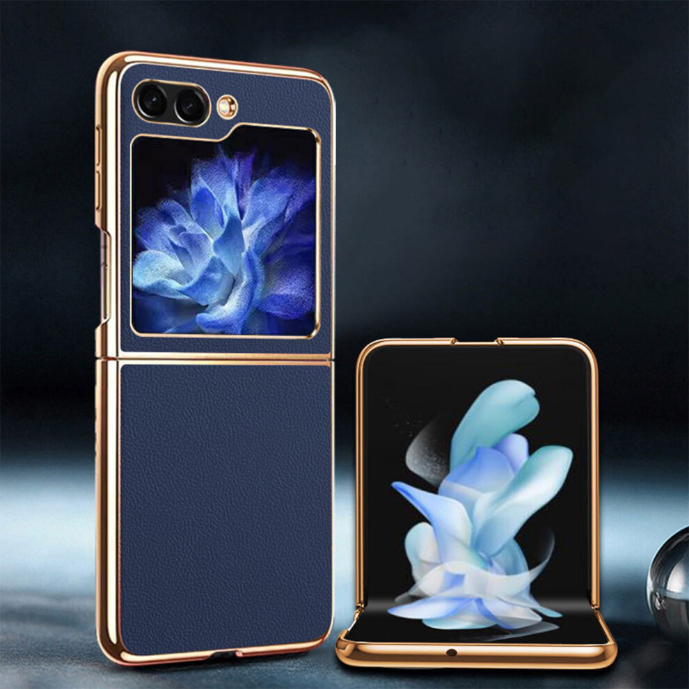 (blue) Galaxy Z Flip 5 Case Genuine Leather Protective Slim Samsung Z Flip 5 Case, Shockproof Thin Z Flip 5 Cover