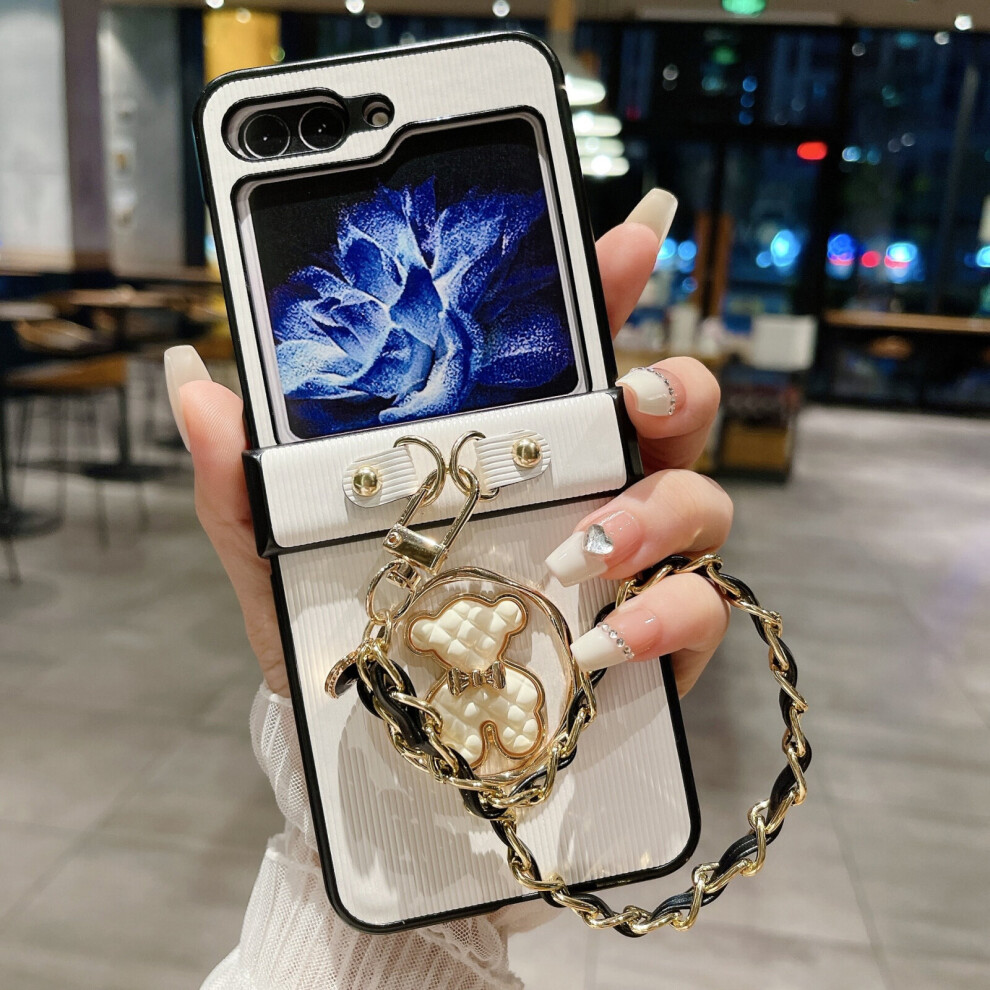 (white) for Samsung Galaxy Z Flip 5 Case with Hinge Protection & Lanyard, Cute Bear Protective Case for Samsung Z Flip 5 Wrist Crossbody Strap