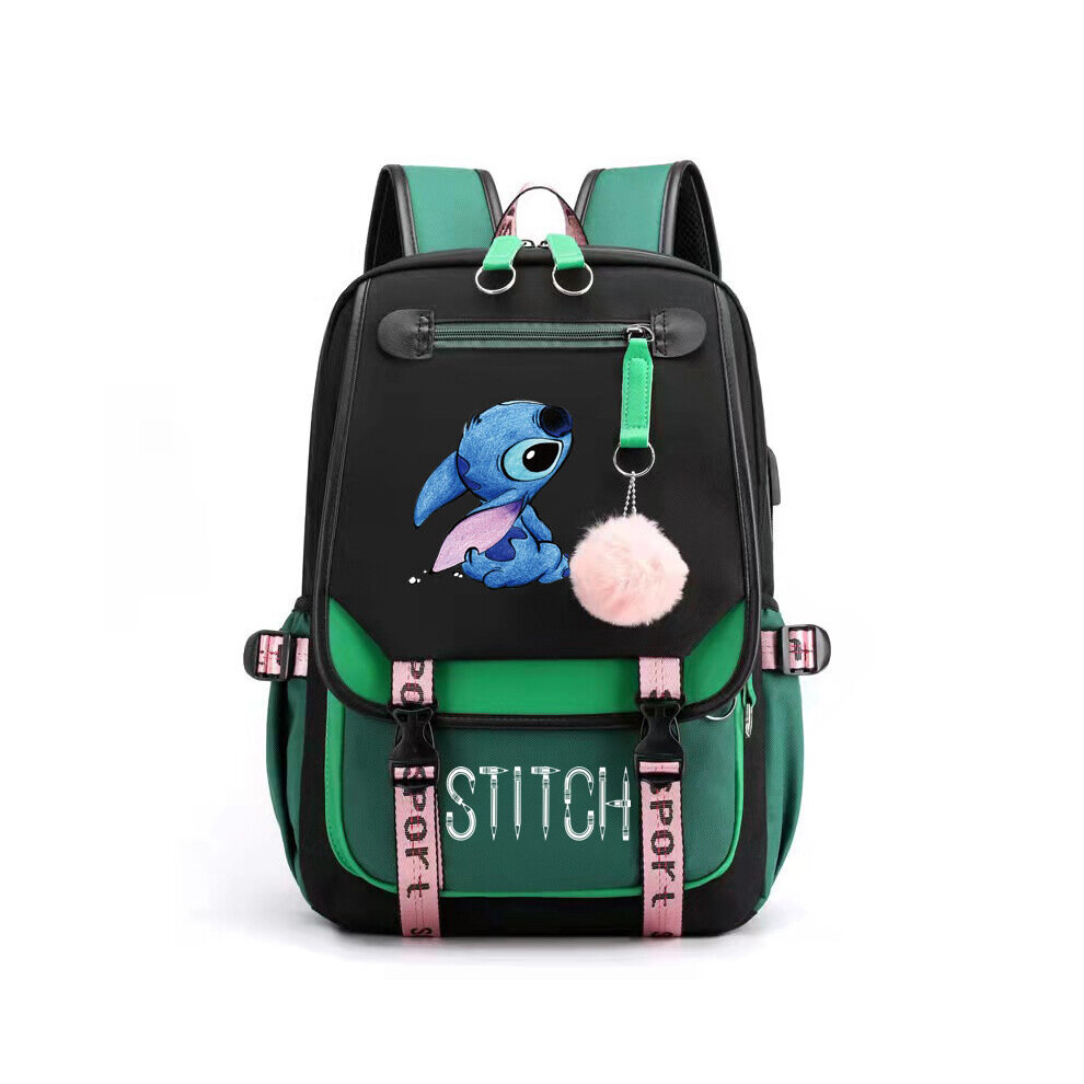 (Green) Stitch Students Backpack Boys Girls Outdoor Cartoon Daypack With USB Charge Port