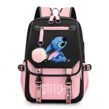 (Pink) Stitch Students Backpack Boys Girls Outdoor Cartoon Daypack With USB Charge Port