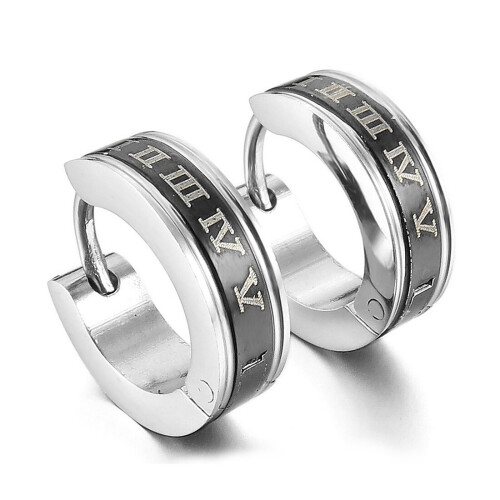 Stainless steel stud plugs hoop earrings ear studs Black Silver Roman numerals classic men, women