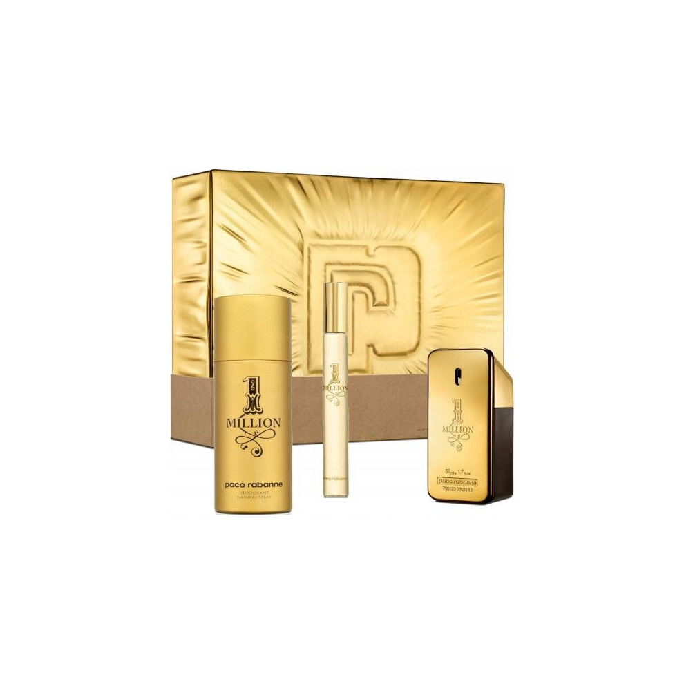 Paco Rabanne One Million 3 Pcs Set For Men: 1.7 Eau De Toilette + 0.33 Eau De Toilette + 5 Oz Deodorant Spray