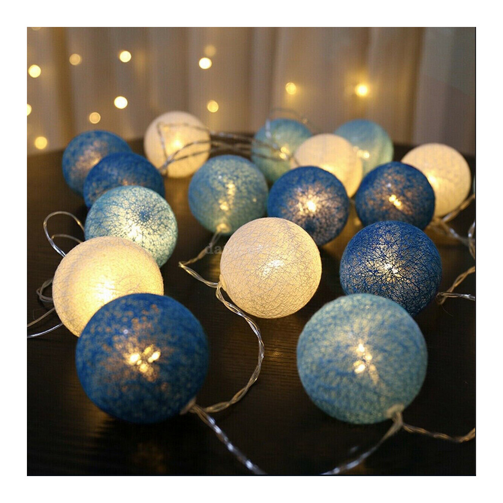 (Blue	, Battery) 20LED Cotton Ball Globe Garland String Fairy Light