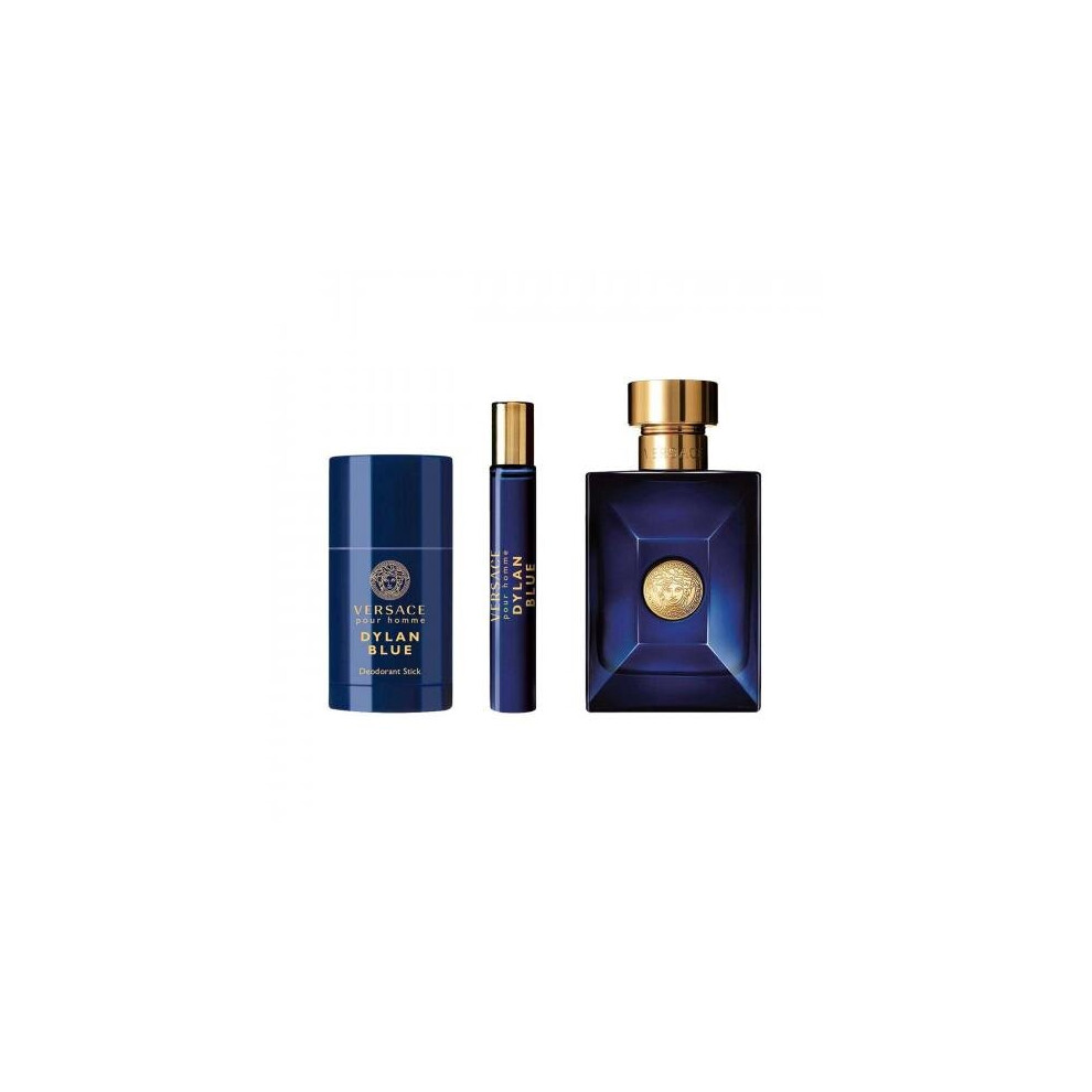 Versace Dylan Blue 3 Pcs Set Men: 3.4 Eau De Toilette Spray + 0.3 Oz Eau De Toilette Travel Spray + 2.5 Deodorant Stick (Hard Box)