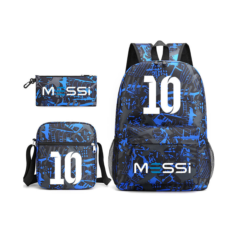 (Patterned Blue1) Messi Backpack 3 Piece Set Student School Bag Travelling Shoulder Bag