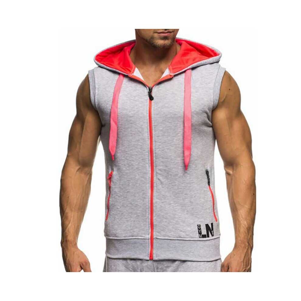 (Light Gray, XL) Sleeveless Hoodie Mens Sweatshirt Sportswear Jogger Zipper Hooded Jersey