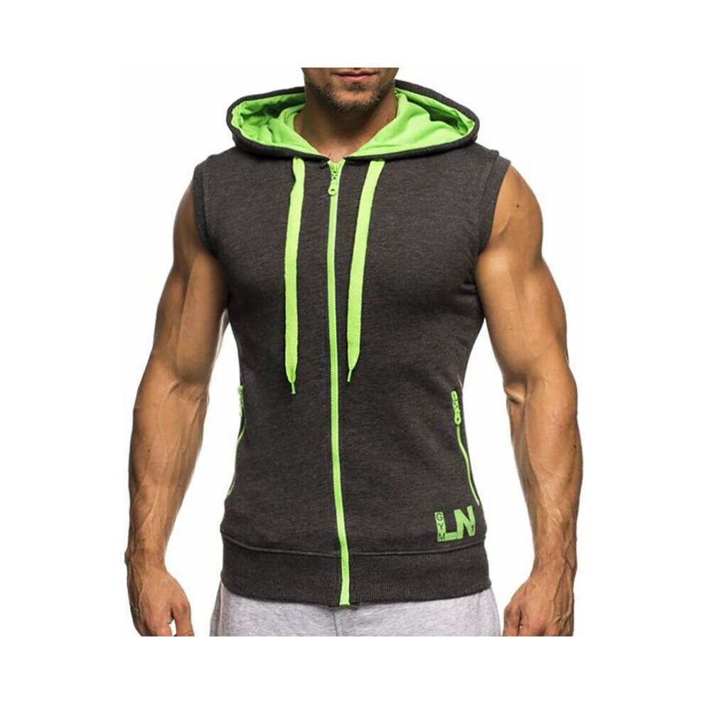 (Dark Gray, L) Sleeveless Hoodie Mens Sweatshirt Sportswear Jogger Zipper Hooded Jersey