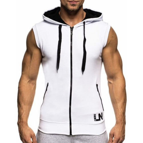 (White, XL) Sleeveless Hoodie Mens Sweatshirt Sportswear Jogger Zipper Hooded Jersey