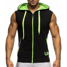 (Black Green, L) Sleeveless Hoodie Mens Sweatshirt Sportswear Jogger Zipper Hooded Jersey