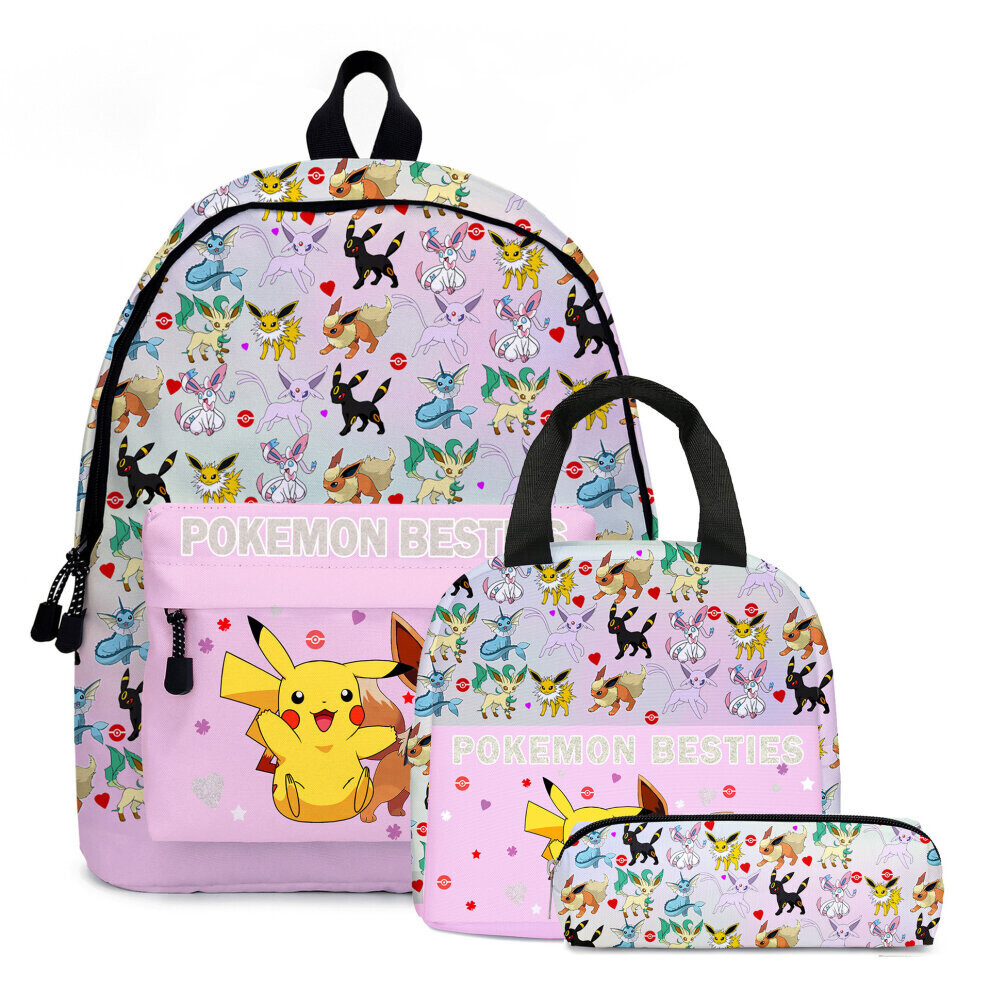 (Pink) Pokémon Pikachu Backpack Lunch Bag Pencil Case Set Kids Student Pokemon Bag Pink