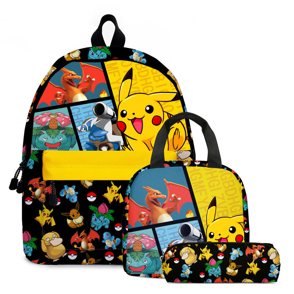 (Yellow) Pokémon Pikachu Backpack Lunch Bag Pencil Case Set Kids Student Pokemon Bag Yellow