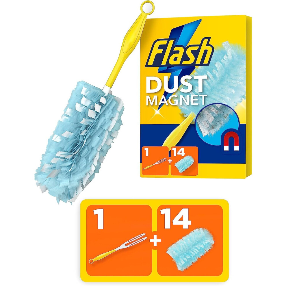 Flash Duster Dust Magnet Starter Kit, 1 Handle + 14 Refills, Trap And Lock Away Dust, Dirt And Hair In No Time
