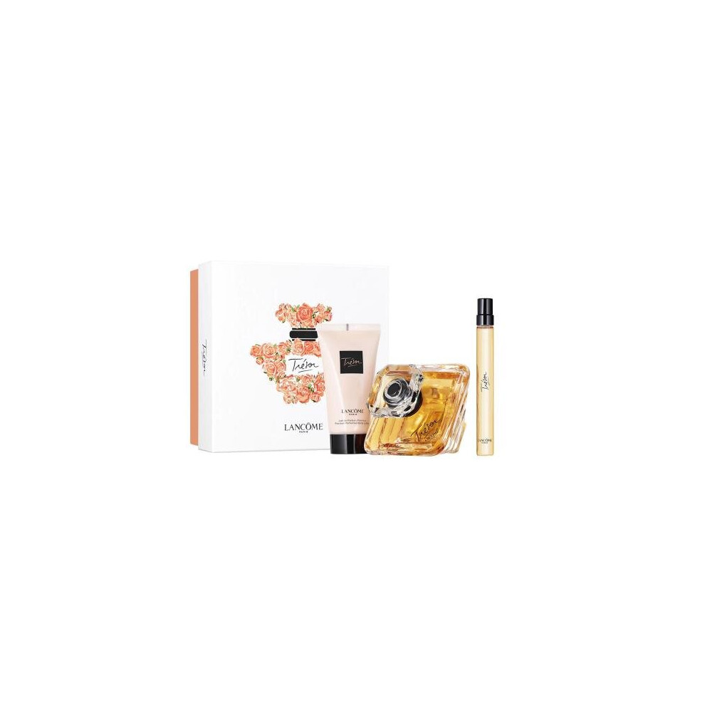 Tresor 3 Pcs Set: 3.4 Eau De Parfum Spray + 0.34 Oz Eau De Parfum Spray + 1.6 Precious Perfumed Body Lotion (Hard Box)
