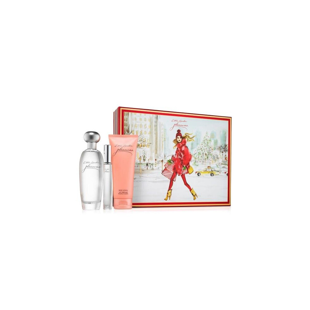 Pleasures 3 Pcs Set Women: 3.4 Eau De Parfum Spray + 3.4 Body Lotion + 0.2 Oz Eau De Parfum Travel Spray (Hard Box)