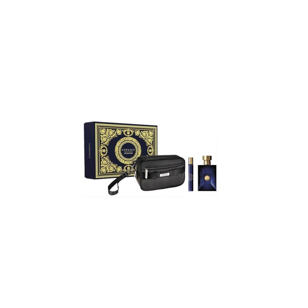 Versace Dylan Blue 3 Pcs Set For Men: 3.4 Eau De Toillette Spray + 0.3 Eau De Toilette Spray + Black Trousse