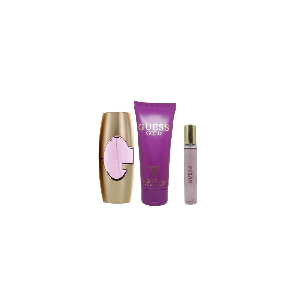 Guess Gold 3 Pcs Set For Women: 2.5 Eau De Parfum Spray + 0.5 Oz Travel Spray + 6.7 Body Lotion (Window Box)