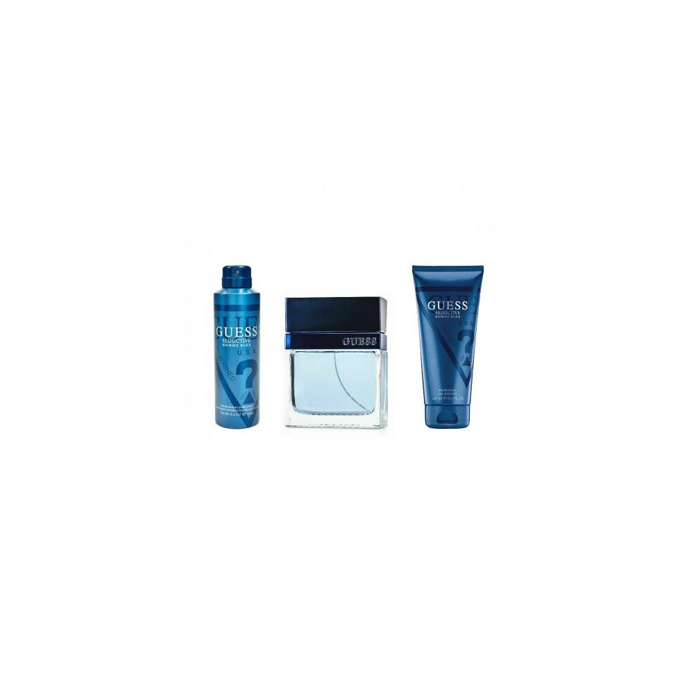 Guess Seductive Blue 3 Pcs Set For Men: 3.4 Eau De Toilette Spray + 6.7 Shower Gel + 6 Oz Body Spray (Window Box)