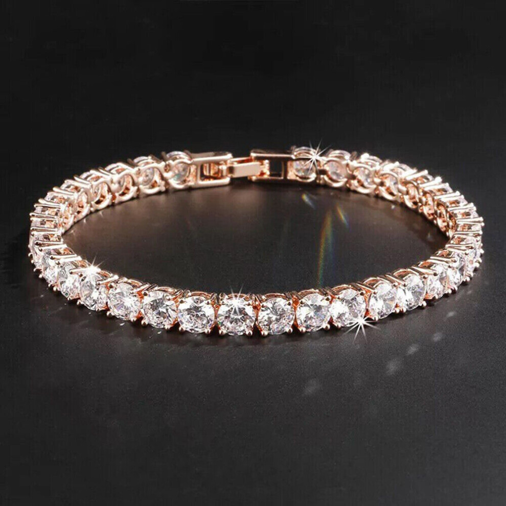 (Rose Gold) Ladies Silver Clear Cubic Zirconia Round Bangle Bracelet