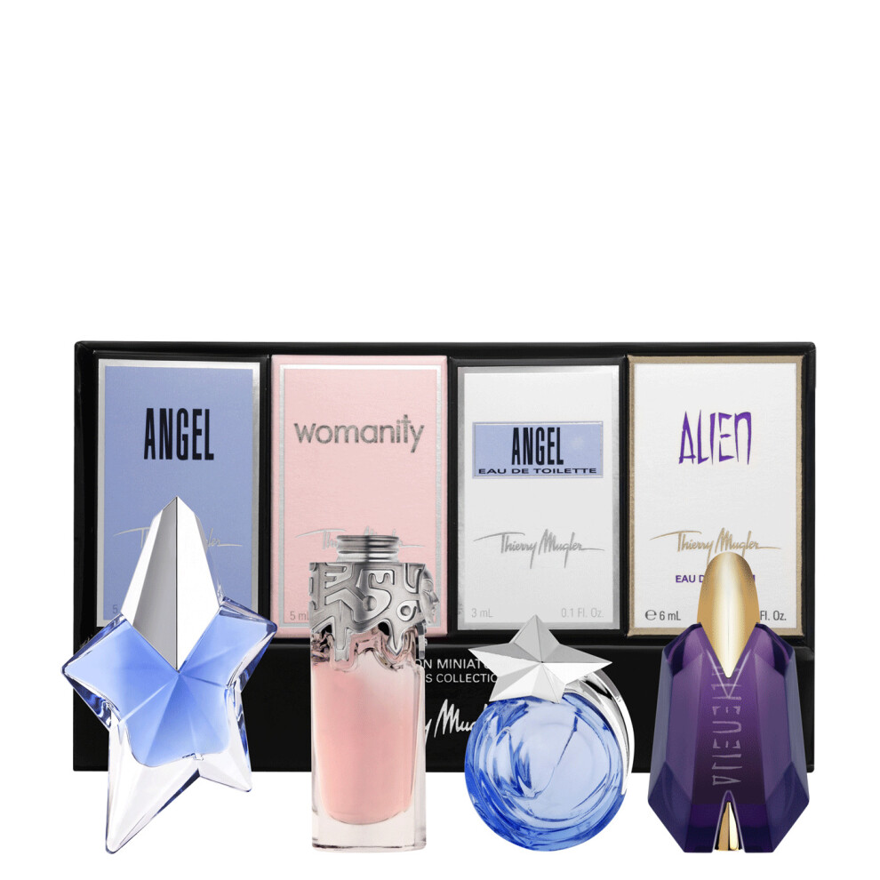 Thierry Mugler 4 Pcs Set For Women: Angel 0.17 Oz Edp + Womanity 0.17 Oz Edp + Angel 0.1 Oz Edt + Alien 0.2 Oz Edp