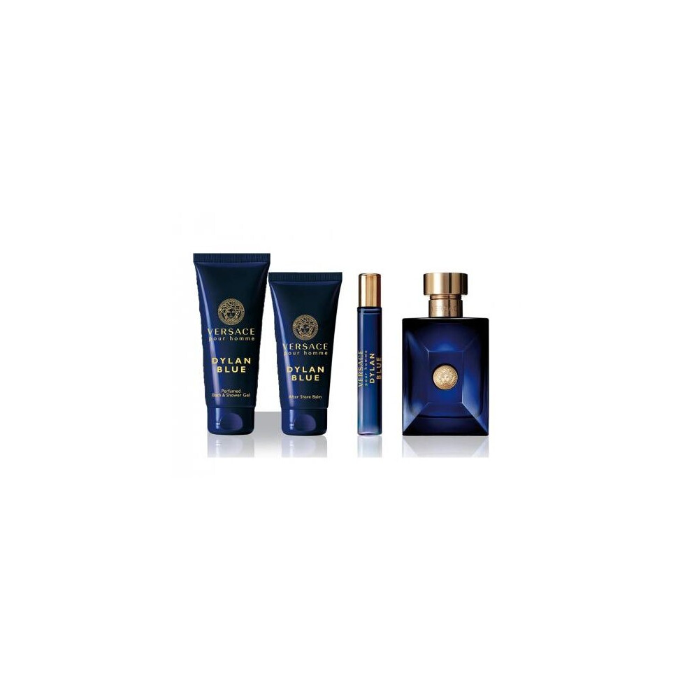 Versace Dylan Blue 4 Pcs Set For Men: 3.4 Edt Sp + 3.4 Shower Gel + 3.4 After Shave Balm + 0.3 Oz Edt Sp