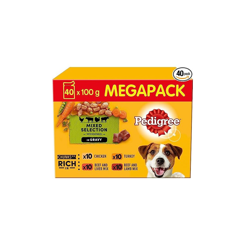 Pedigree Mixed Selection in Gravy 40 Pouches, Adult Wet Dog Food, Megapack (40 x 100 g)