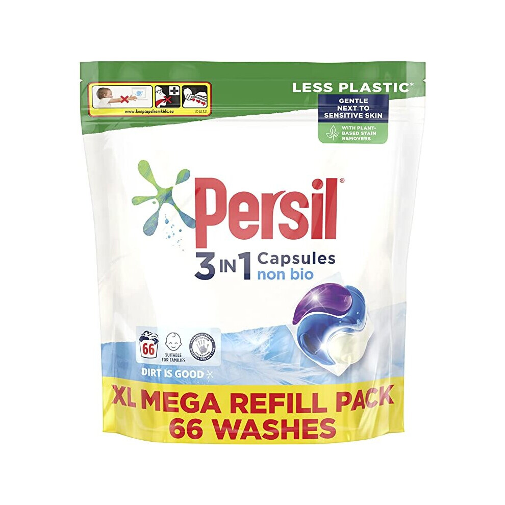 Non Bio 3 in 1 Laundry Detergent Washing Pods Capsules Tablets XL Mega Refill Pack (66 Wash) Upto 3 months supply, Gentle