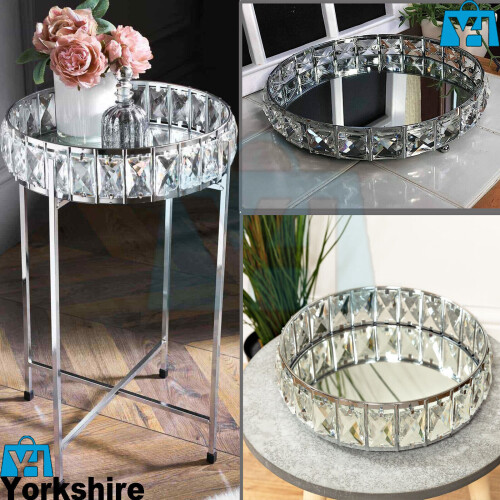 Silver Crystal Mirrored Tray Table Removable Top Home Bedroom Decor