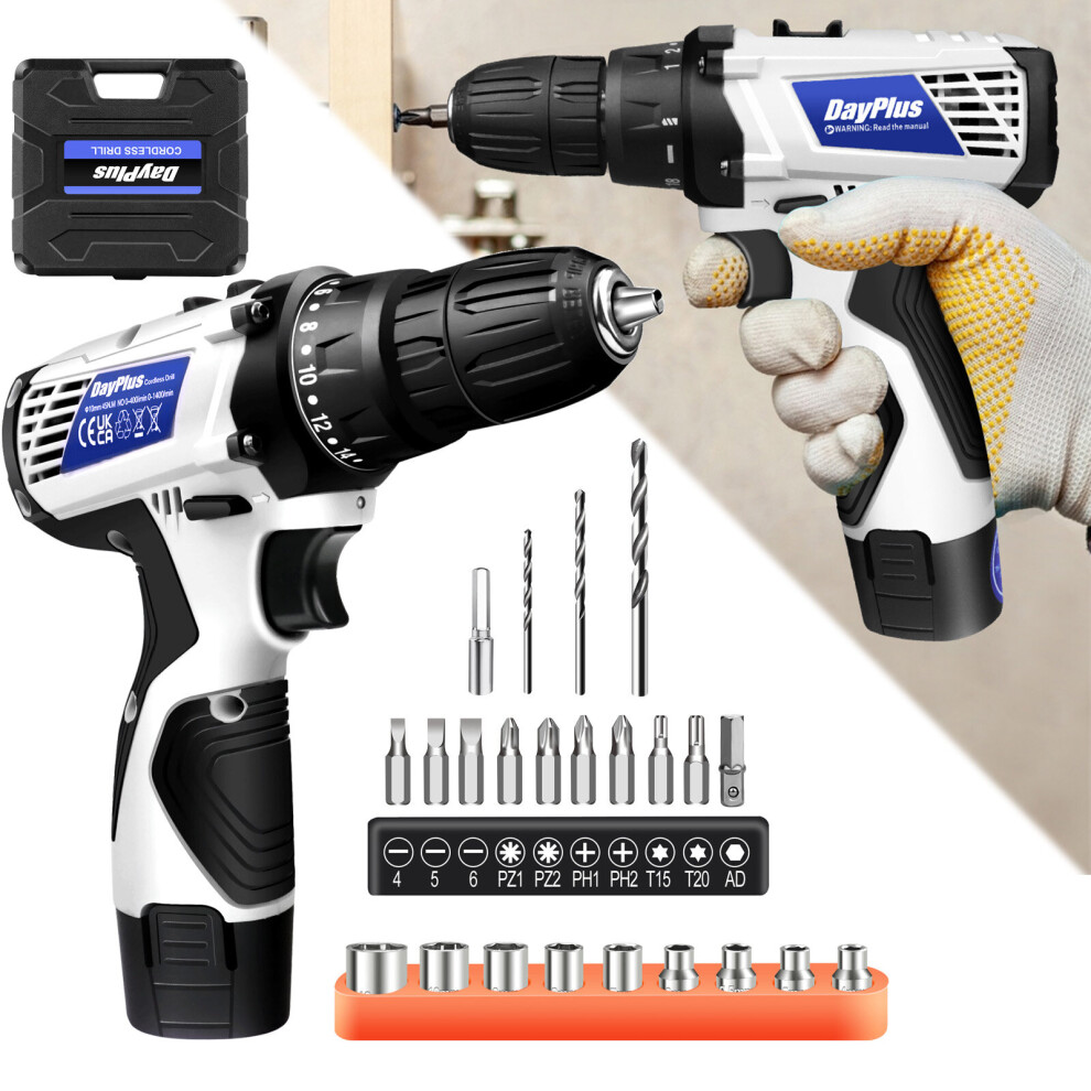 (2 Batteries) Cordless Drill Driver Electric Screwdriver with1300mAh Battery LED Light 23pcs Free Accessories Case Heavy Duty Power Tool Adjustable Sp