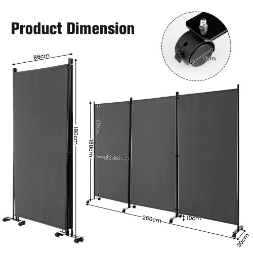 Costway 3 Panel Room Divider on Wheels 180cm Tall Rolling Privacy Screens 1