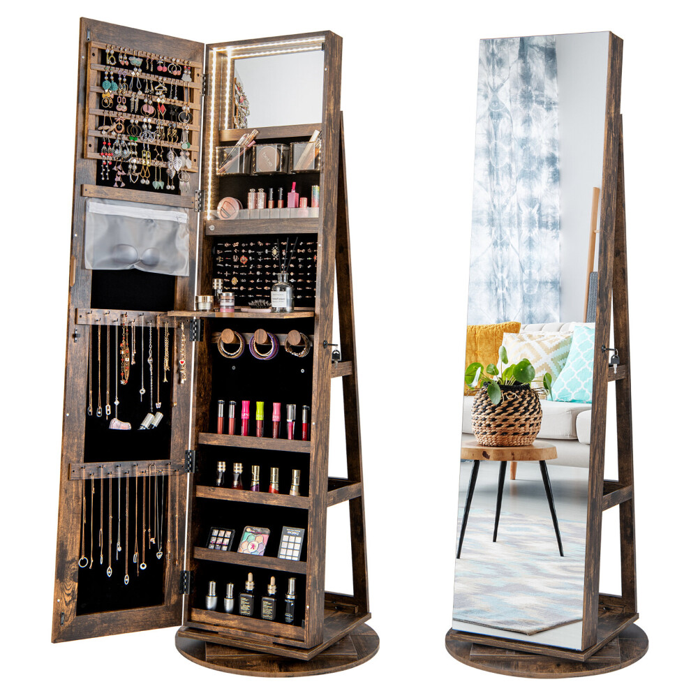 360° Rotating Jewelry Armoire Freestanding Makeup Cabinet w/LED