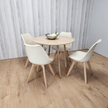 Round Oak Effect Kitchen Dining Table With 4 Cream Tulip Chairs Set