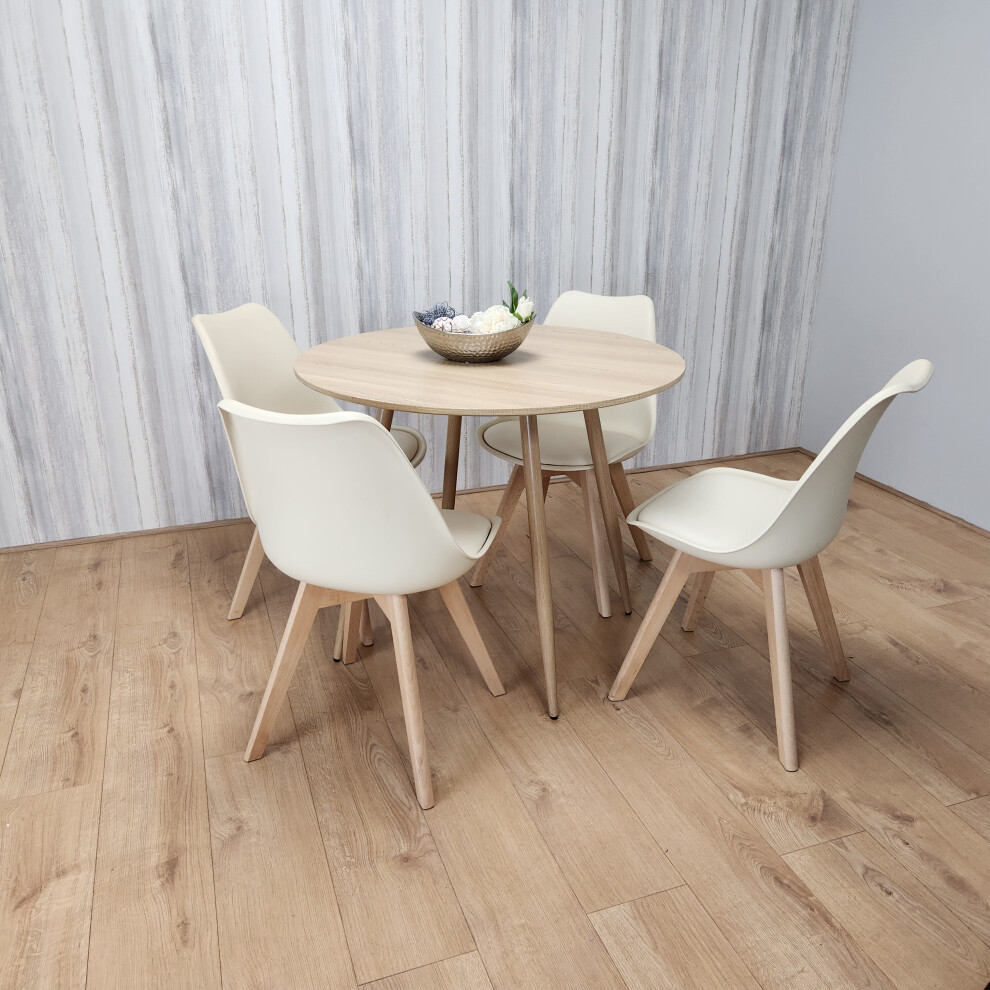 Round Oak Effect Kitchen Dining Table With 4 Cream Tulip Chairs Set
