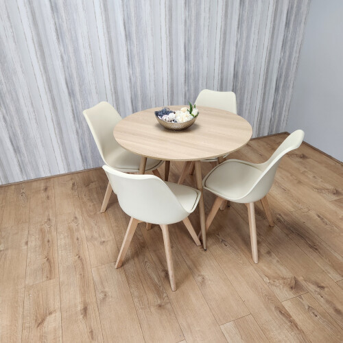 Round Oak Effect Kitchen Dining Table With 4 Cream Tulip Chairs Set 1