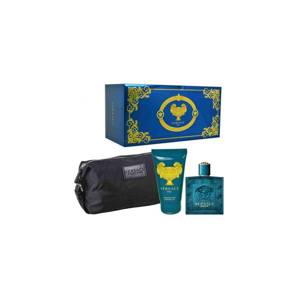 Versace Eros 3 Pcs Set For Men: 3.4 Eau De Toilette Spray + 3.4 Shower Gel + Dopp Kit