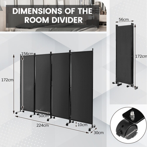Costway 4 Panel Room Divider 172cm Tall Rolling Privacy Screens on Wheels 1