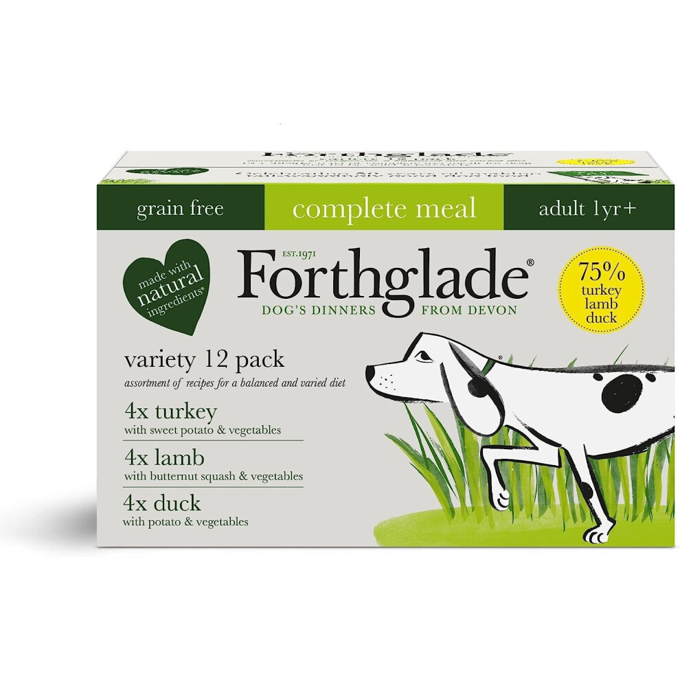 Forthglade Complete Natural Wet Dog Food - Getreidefrei mit Gemüse Variety Pack (12 x 395g) Trays - Pute, Lamm & Ente - Adult Dog Food 1 Year+