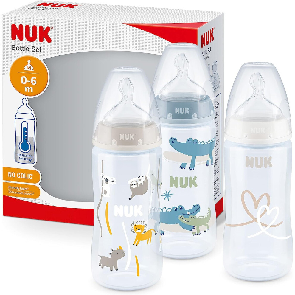 NUK First Choice+ Baby Bottles Set | 0-6 Months | Temperature Control | Anti Colic Vent | 300 ml | BPA-Free | Silicone Teat | 3 Count | Safari