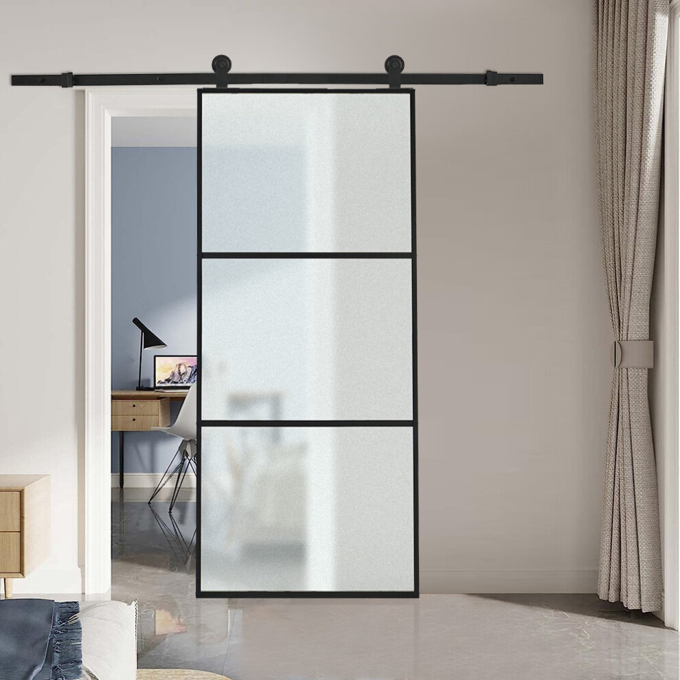 (3*Frosted Glass Panels) Glass Black Barn Door with Sliding Hardware Kit