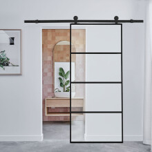 (4*Clear Glass Panels) Glass Black Barn Door with Sliding Hardware Kit