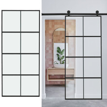 (4*Clear Glass Panels #2) Glass Black Barn Door with Sliding Hardware Kit