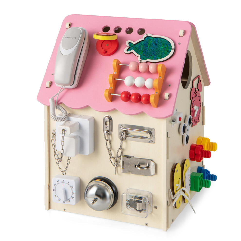 Multi-purpose Wooden Busy House Toy w / Sensory Games & Interior Space 